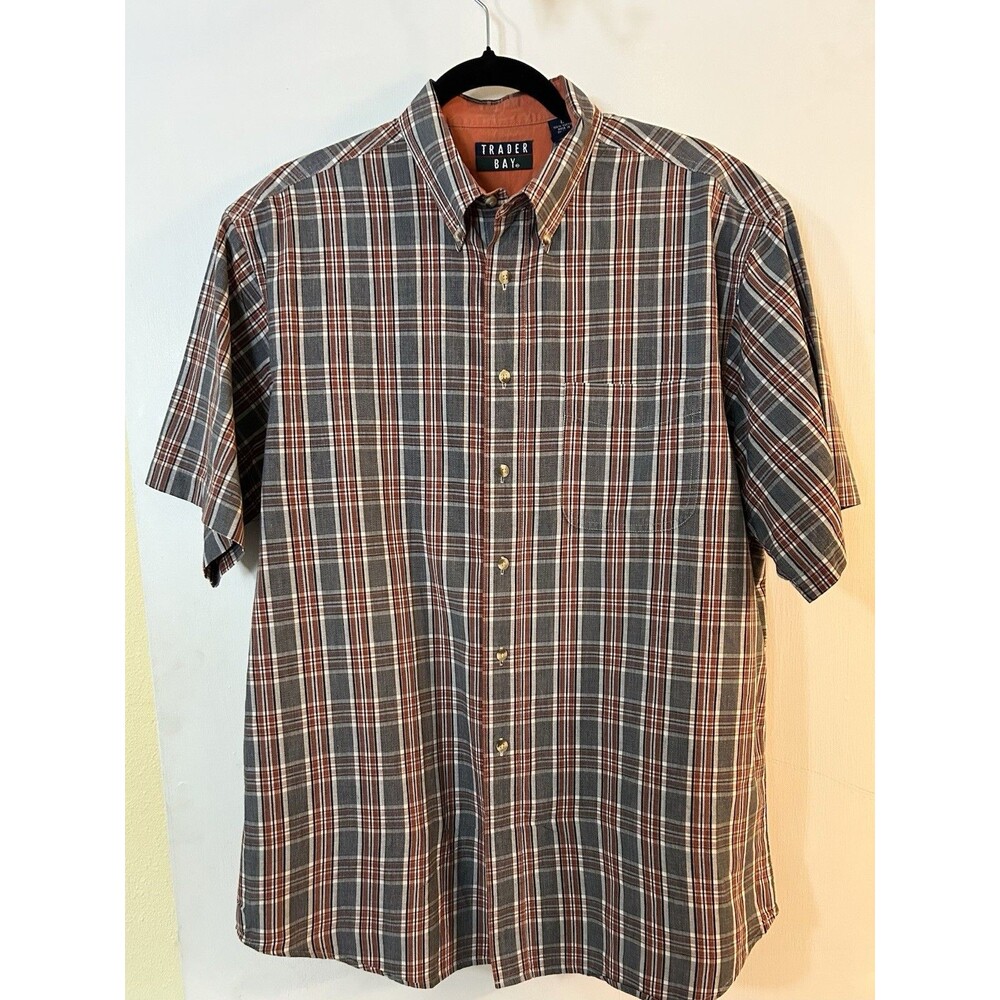Trader Bay Men's L Gray/Orange/White Plaid Cotton Woven SS Button-Up Shirt